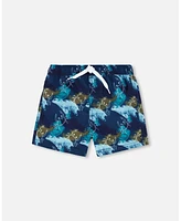 Boy Mid-Thigh Board short Crabs Print Navy