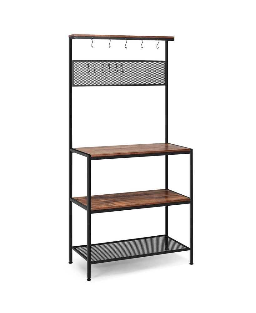 4-Tier Kitchen Rack Stand with Hooks and Mesh Panel