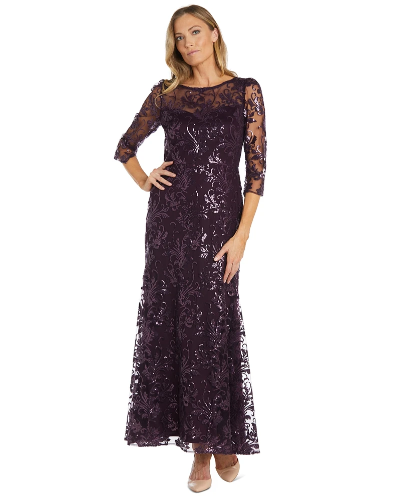 R & M Richards Women's 3/4-Sleeve Sequin Gown