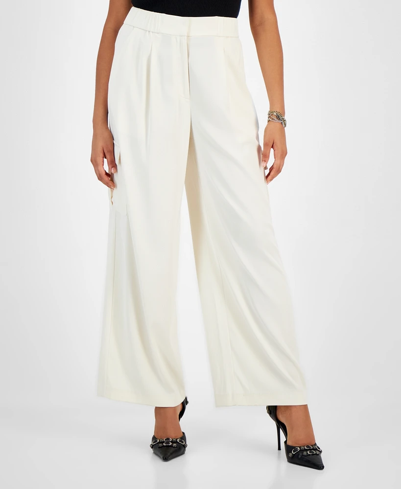 Bar Iii Women's Pleated Wide-Leg Cargo-Pocket Pants, Created for Macy's