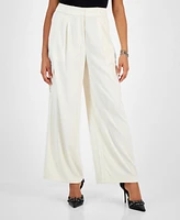 Bar Iii Women's Pleated Wide-Leg Cargo-Pocket Pants, Created for Macy's