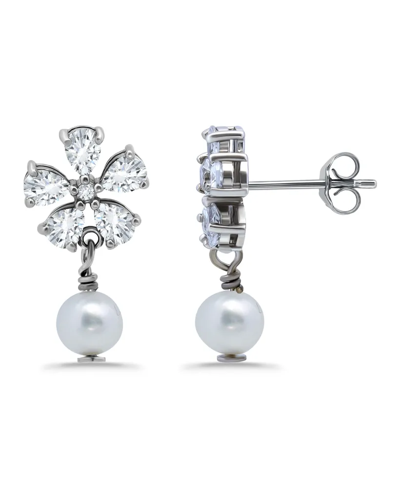 Macy's White Cultured Pearl and Cubic Zirconia Floral Top Drop Earring