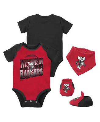 Baby Boys and Girls Mitchell & Ness Black, Red Wisconsin Badgers 3-Pack Bodysuit, Bib Bootie Set