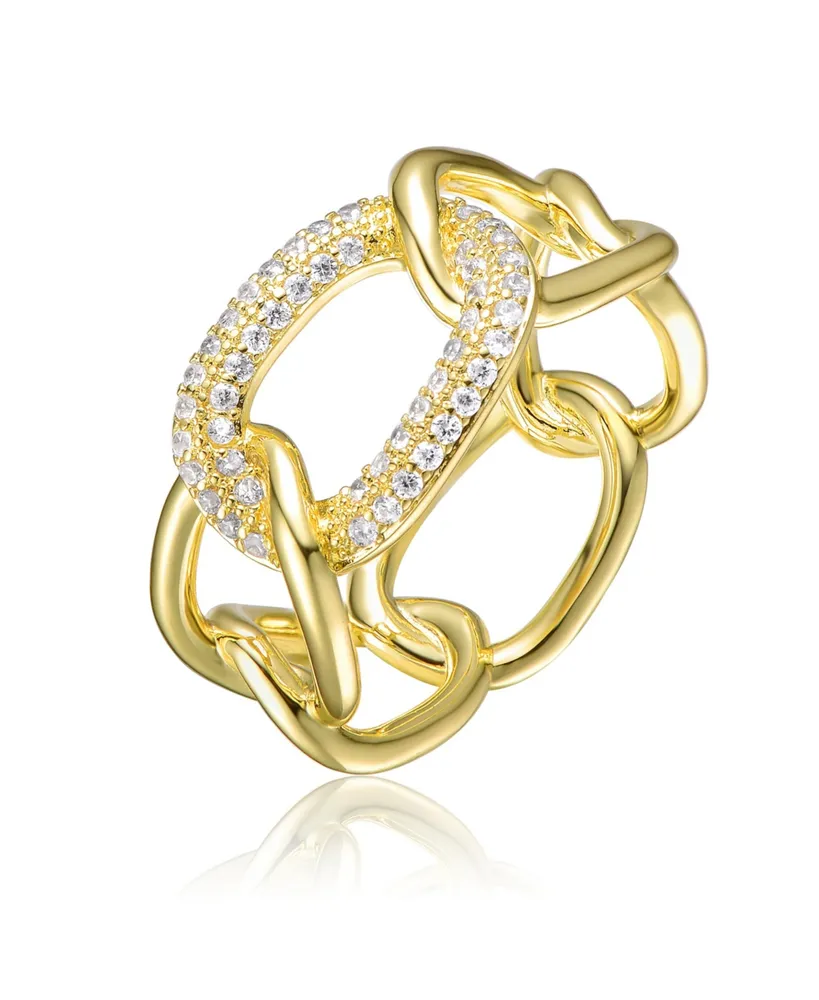 14K Gold Plated Round Cubic Zirconia thick interlocking chain Ring