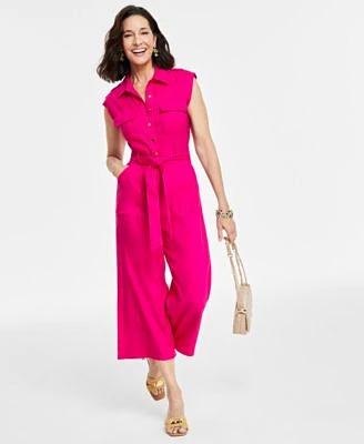 I.N.C. International Concepts Womens Utility Jumpsuit Crystal Earrings Stretch Bracelet Quilted Bag Woven Sandals Created For Macys