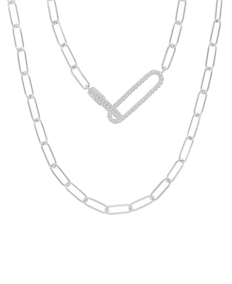 Cubic Zirconia Pave Paperclip Link Chain Necklace, 17" + 2" extender