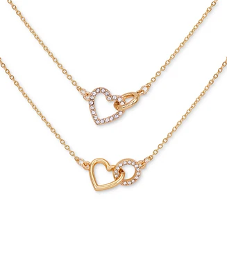 Guess Gold-Tone 2-Pc. Set Pave Interlocking Heart & Circle Pendant Necklaces, 16" + 2" extender