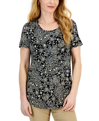 Jm Collection Women's Short Sleeve Printed Knit Top, Created for Macy's
