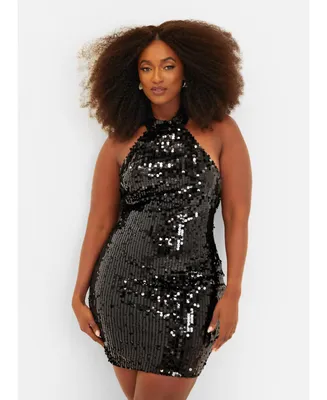 Rebdolls Women's Plus Size Dalia Sequin Halter Mini Bodycon Dress