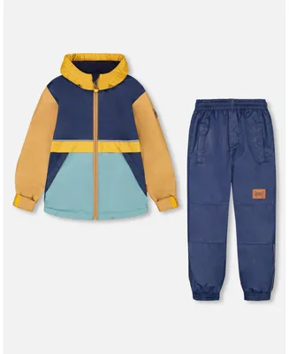 Boy Two Piece Hooded Coat And Pant Mid-Season Set Colorblock Navy, Blue And Yellow - Toddler|Child