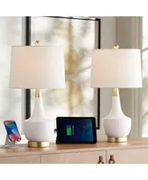 Nesbit 25" High Mid Century Modern Table Lamps Set of 2 Usb Port White Gold Ceramic Metal Fabric Shade Living Room Charging Bedroom Bedside Nightstand