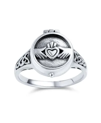 Bff Celtic Irish Friendship Couples Promise Heart Memorial Keepsake Claddagh Locket Ring For Men For Women Oxidized .925 Sterling Silver