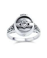 Bff Celtic Irish Friendship Couples Promise Heart Memorial Keepsake Claddagh Locket Ring For Men Women Oxidized .925 Sterling Silver