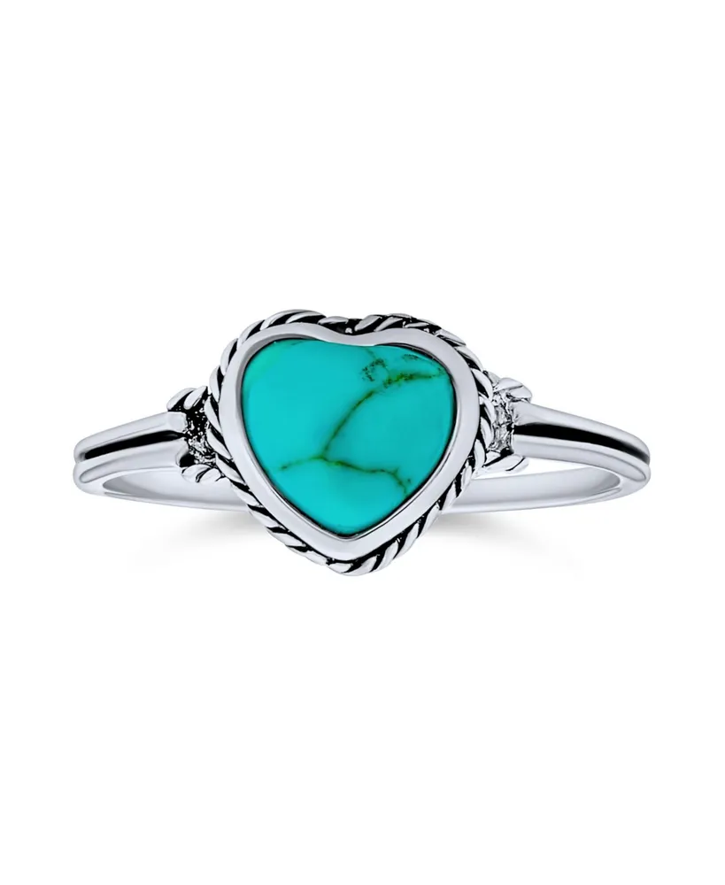 Blue Stabilized Turquoise Bezel Heart Ring For Women For Teen For Girlfriend .925 Sterling Silver December Birthstone