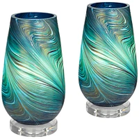 Carmen Modern Accent Table Lamps 12 1/2" High Set of 2 Green Clear Crystal Swirl Art Glass Shade for Bedroom Living Room Nightstand Bedside Night Stan