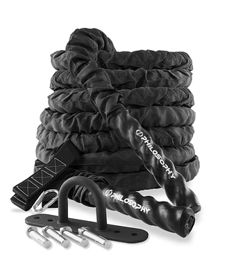 Philosophy Gym 50 Foot Exercise Battle Rope 2 Inch Diameter with Cover and Anchor Kit