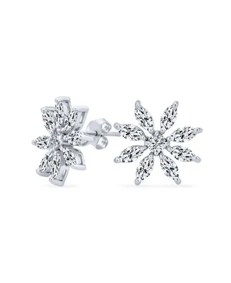 Elegant Bridal Holiday Marquise Cz Christmas Flower Snowflake Stud Earrings for Women's .925 Sterling Silver