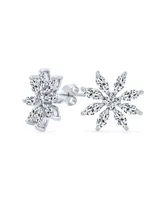 Elegant Bridal Holiday Marquise Cz Christmas Flower Snowflake Stud Earrings for Women's .925 Sterling Silver