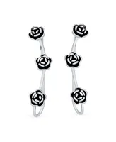 Bling Jewelry Retro 3D Flower Three Roses Wire Ear Pin Climbers Crawlers Rose Earrings For Women Oxidized Sterling Silver