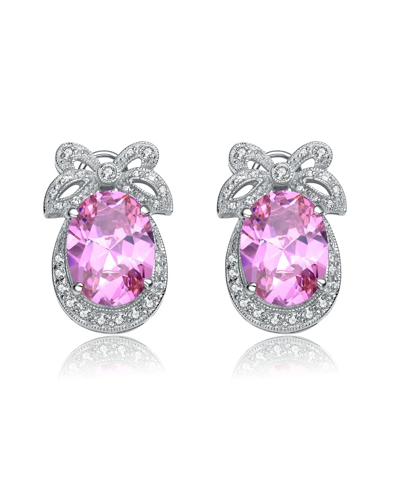 Sterling Silver White Gold Plated Pink Cubic Zirconia Bow Earrings