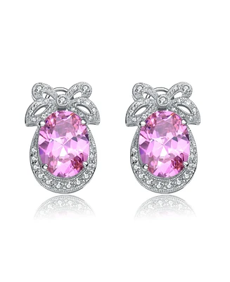 Sterling Silver White Gold Plated Pink Cubic Zirconia Bow Earrings