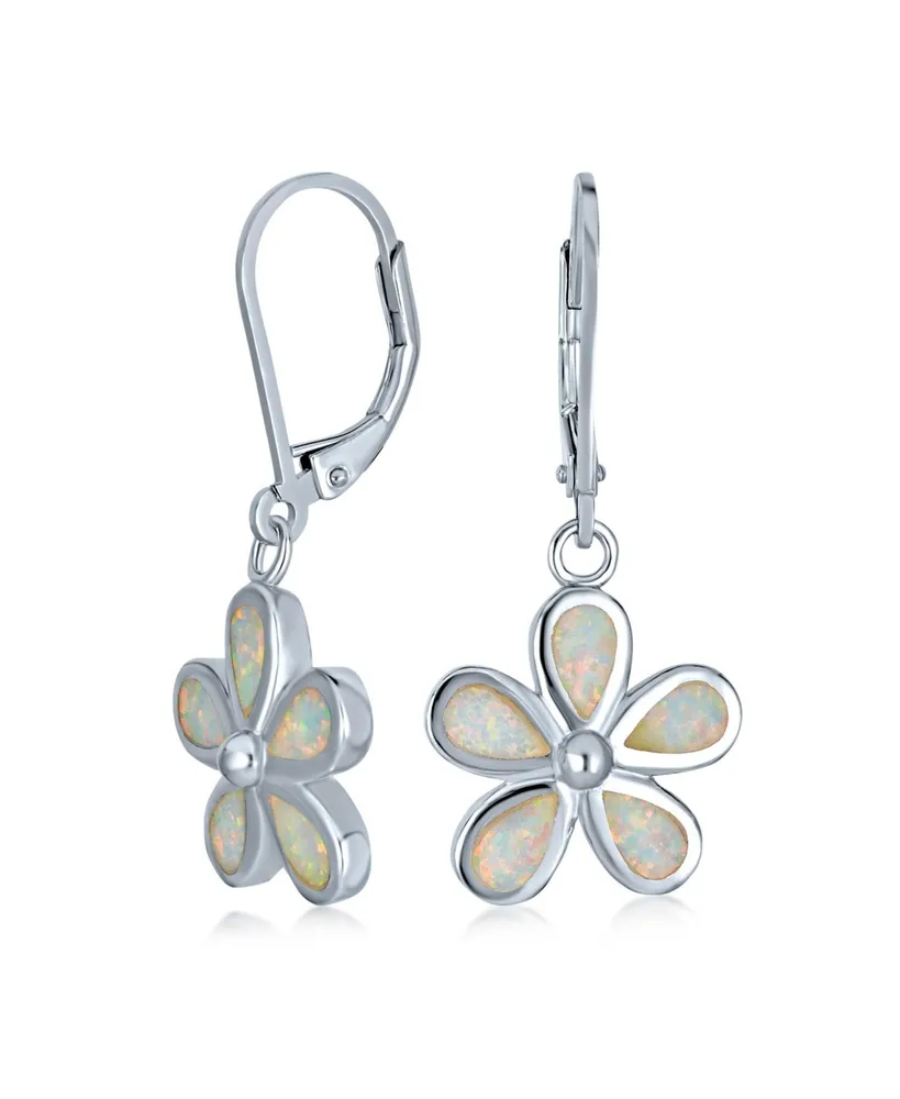 White Plumeria Flower Created Opal Dangling Earrings For Women .925 Sterling Silver Lever Back October Birthstone