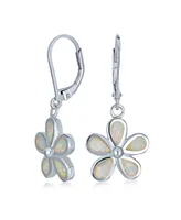 White Plumeria Flower Created Opal Dangling Earrings For Women .925 Sterling Silver Lever Back October Birthstone