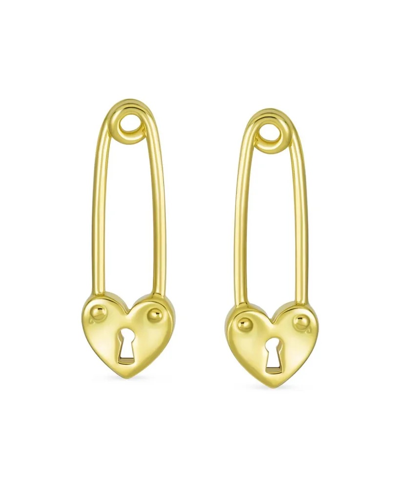 Inspirational Symbol Paper Clip Love Lock Drop Sweet Heart Safety Pin Earrings Stud For Women Teen 14K Yellow Gold Plated .925 Sterling Silver - Gold