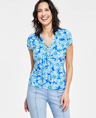 I.n.c. International Concepts Women's Printed Lace-Up Front Top, Created for Macy's