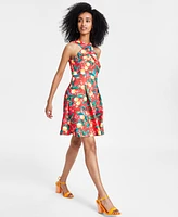 Vince Camuto Petite Printed High-Neck Sleeveless Fit & Flare Dress