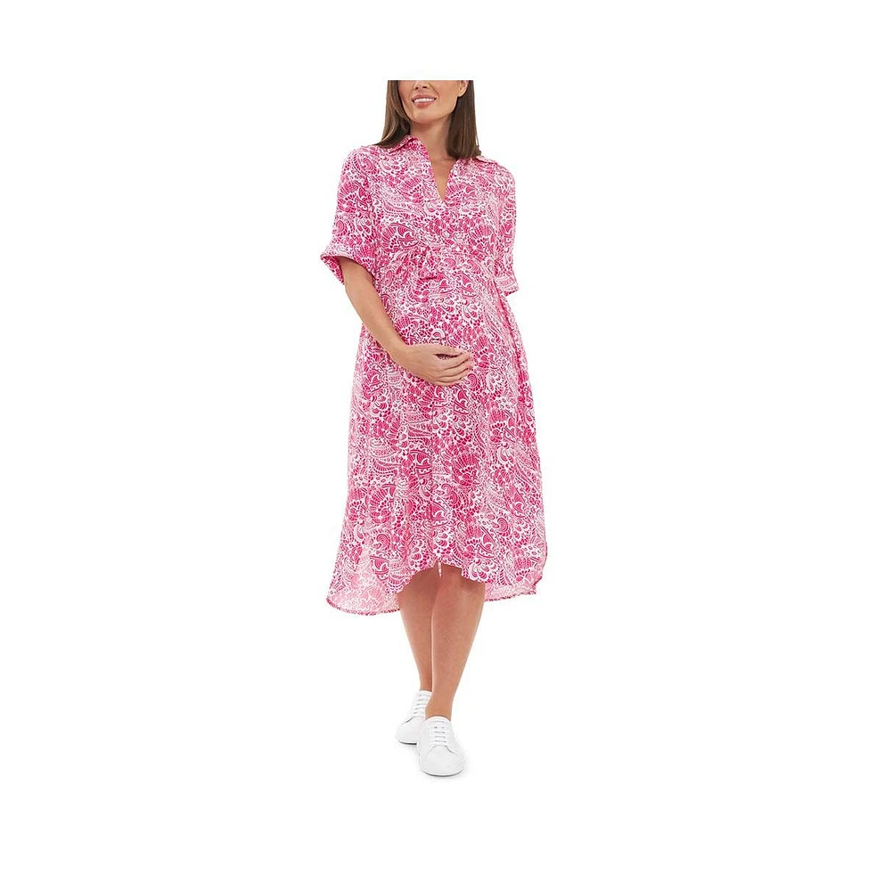 Ripe Maternity Janis Button Through Shirt Dress Hot Pink/White