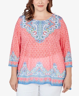 Ruby Rd. Plus Embellished Guava Border Print Sublimation Top