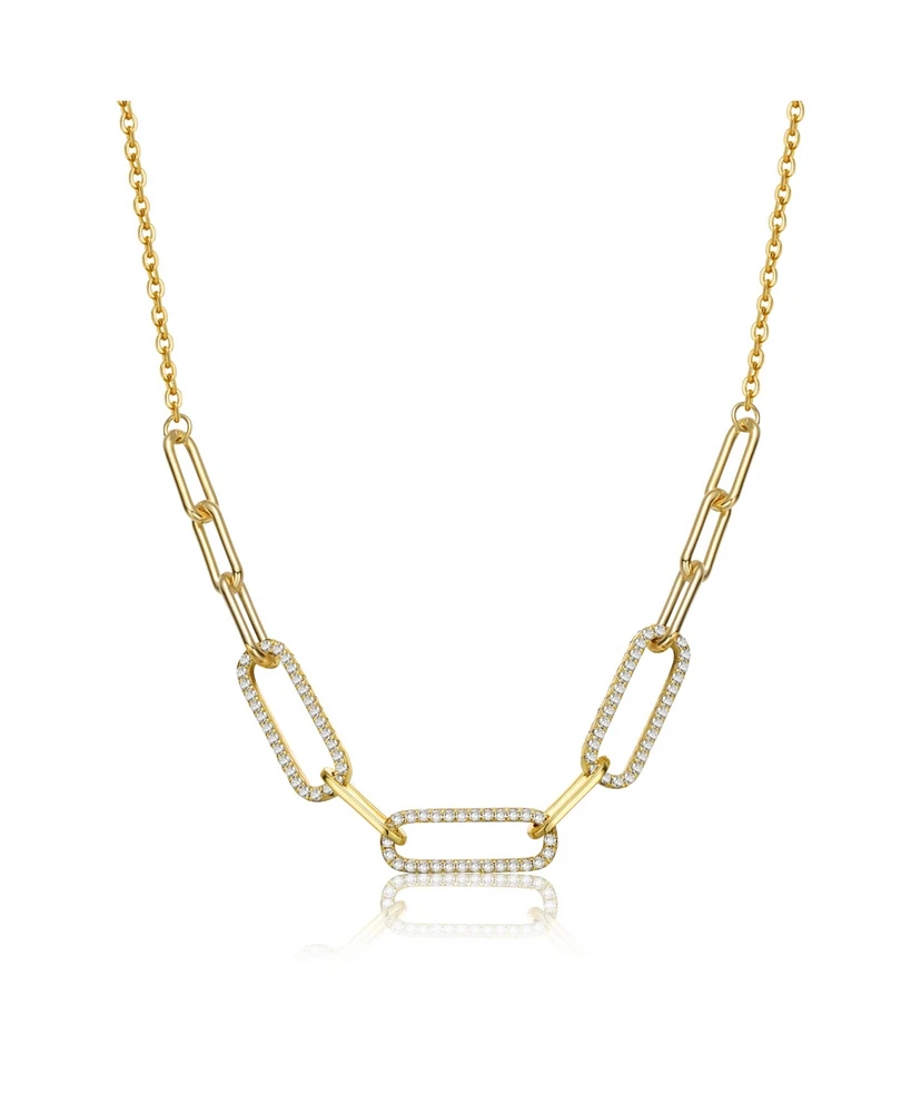 Sterling Silver 14k Yellow Gold Plated with Cubic Zirconia Elongated Cable Link Chain Necklace