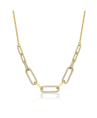 Sterling Silver 14k Yellow Gold Plated with Cubic Zirconia Elongated Cable Link Chain Necklace