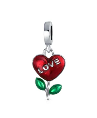 Personalized Valentine Word Love Grows Red Flower Heart Dangle Charm Bead For Women Girlfriend Enamel .925 Sterling Silver Fits European Bracelet