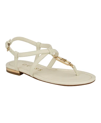 Guess Women's Meaa Open Toe Metal Ornament T- Strap Flat Sandals 