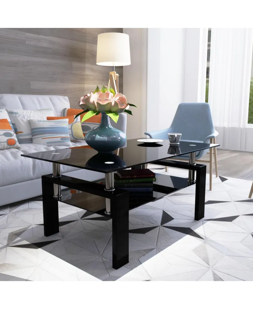 Simplie Fun Modern Black Glass Coffee Table Set for Living Room