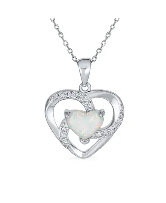 Bling Jewelry Romantic Opulence Gemstone Cz Pave Accent Swirling Solitaire White Created Opal Heart Necklace Pendant For Women Sterling Silver October