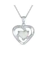 Bling Jewelry Opulence Cz Pave Accent Swirling Solitaire White Synthetic Opal Heart Necklace Pendant For Women Sterling Silver