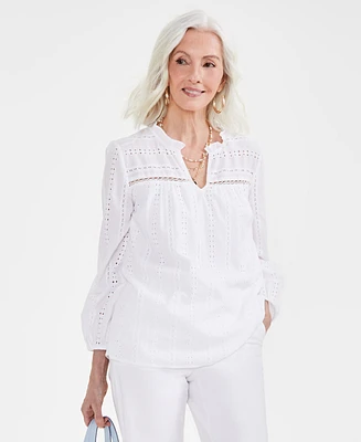 Style & Co Women's Cotton Eyelet Split-Neck Top, Created for Macy's