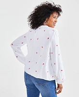 Style & Co Women's Cotton Embroidered Split-Neck Gauze Blouse, Created for Macy's