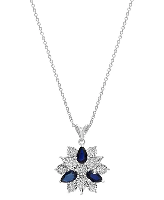 Lab-Grown Blue Sapphire (7/8 ct. t.w.) & Diamond (1/10 ct. t.w.) Flower 18" Pendant Necklace in Sterling Silver