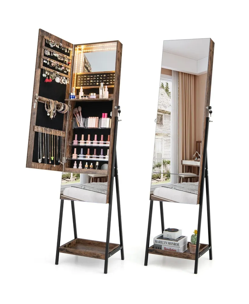 Lockable Freestanding Jewelry Organizer with Full-Length Frameless Mirror-Rustic Brown