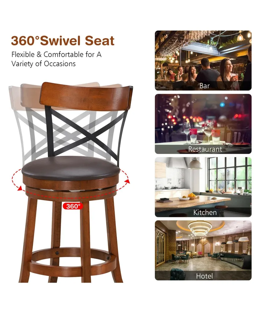 Set of 2 Bar Stools 360-Degree Swivel Dining Bar Chairs with Rubber Wood Legs-25 inch