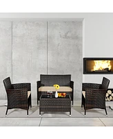 Sugift 4 Pieces Comfortable Outdoor Rattan Sofa Set with Glass Coffee Table