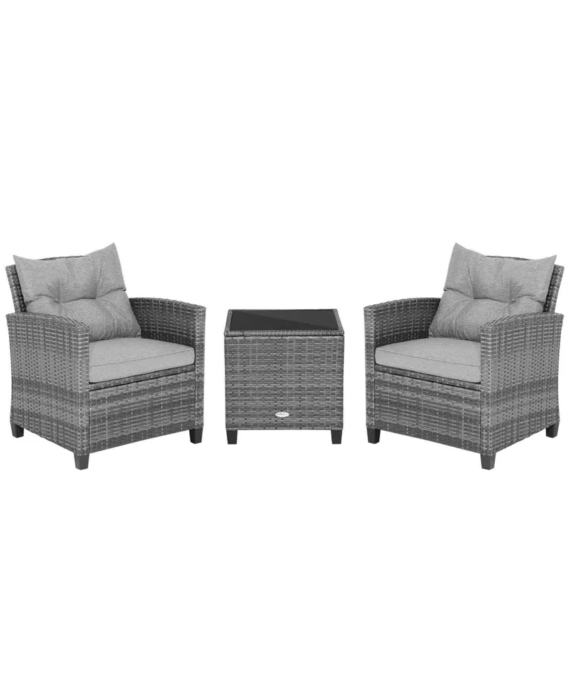 3 Pieces Outdoor Wicker Conversation Set with Tempered Glass Tabletop-Gray