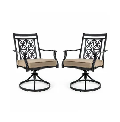 2 Pieces Patio Swivel Chairs with Blossom Pattern Backrest and Cushions-Black