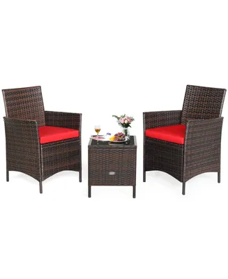3 Pieces Patio Cushioned Rattan Conversation Set With Glass Table Top