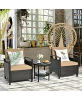3 Pieces Patio Rattan Furniture Set Cushioned Sofa Storage Table with Shelf Garden