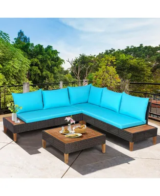 4 Pieces Patio Cushioned Rattan Furniture Set with Wooden Side Table-Turquoise